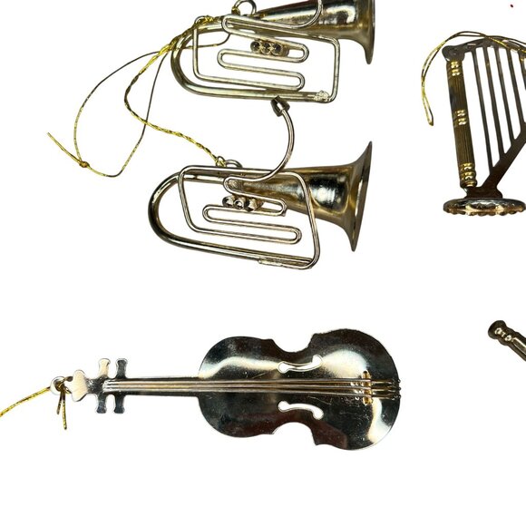 Vintage Set of 10 Metal Gold Toned Musical Instrument Christmas Ornaments - Picture 2 of 15